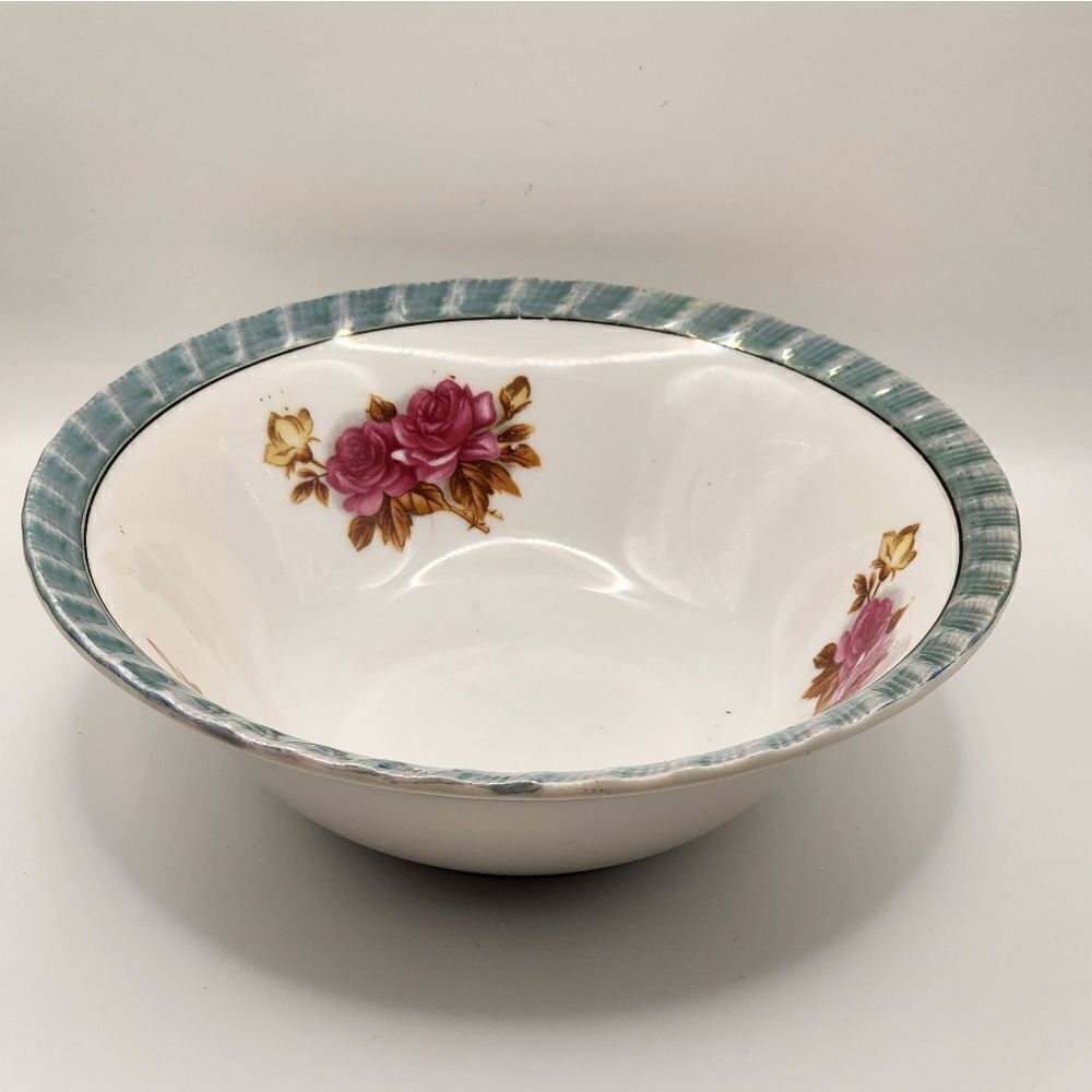 Luster Yamatsu Bowl 7 Inches Made In Japan Flower Pattern Green Trim